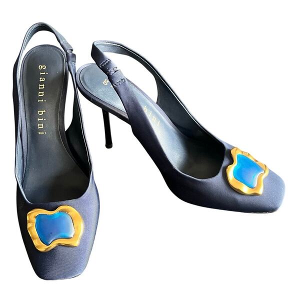 Gianni Bini Jenna Square Toe Jewel Gold Ornament High Heel Shoes Blue  Size 8 - Picture 1 of 6